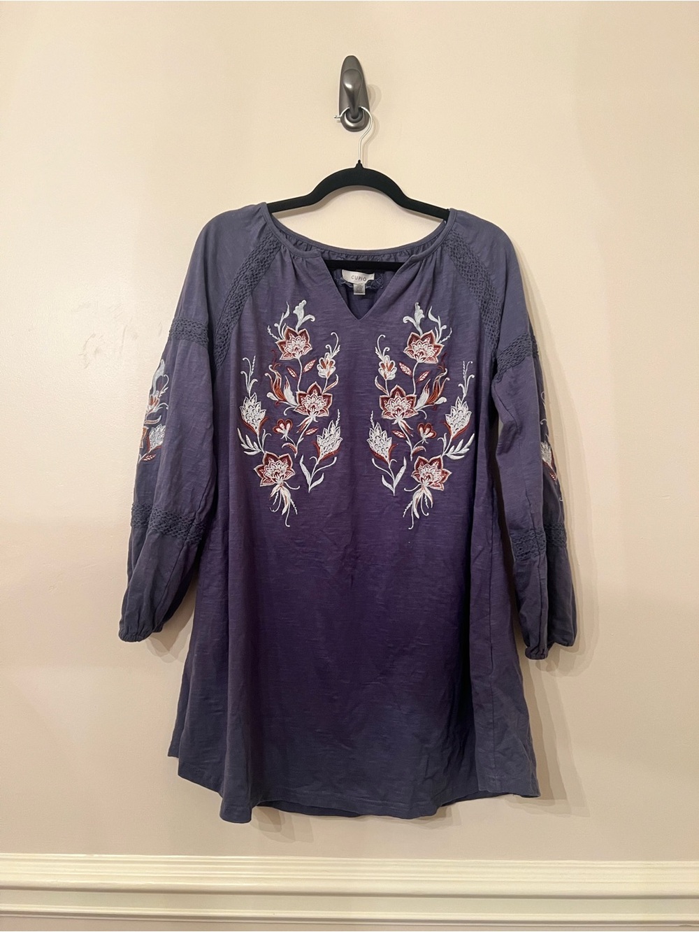 Blue Long-Sleeved Dress with Floral Embroidery